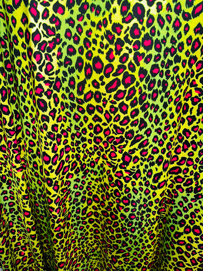 Exotic Leopard design with Neon color print on great quality of nylon spandex 4-way stretch 58/60” Sold by the YD.