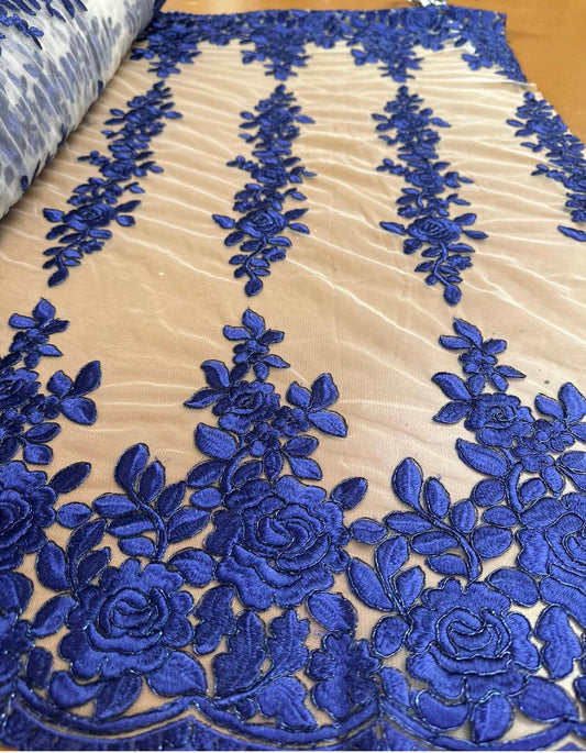 New Victoria embroidered lace Nude/Midnight Blue 2-way stretch 42/44” Sold by the YD. High quality fabrics by AlexLAFabrics
