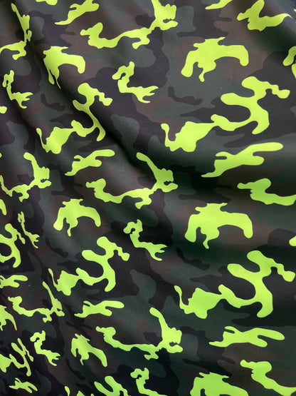 Neon green camouflage design luxury nylon spandex 4-way stretch 58/60”