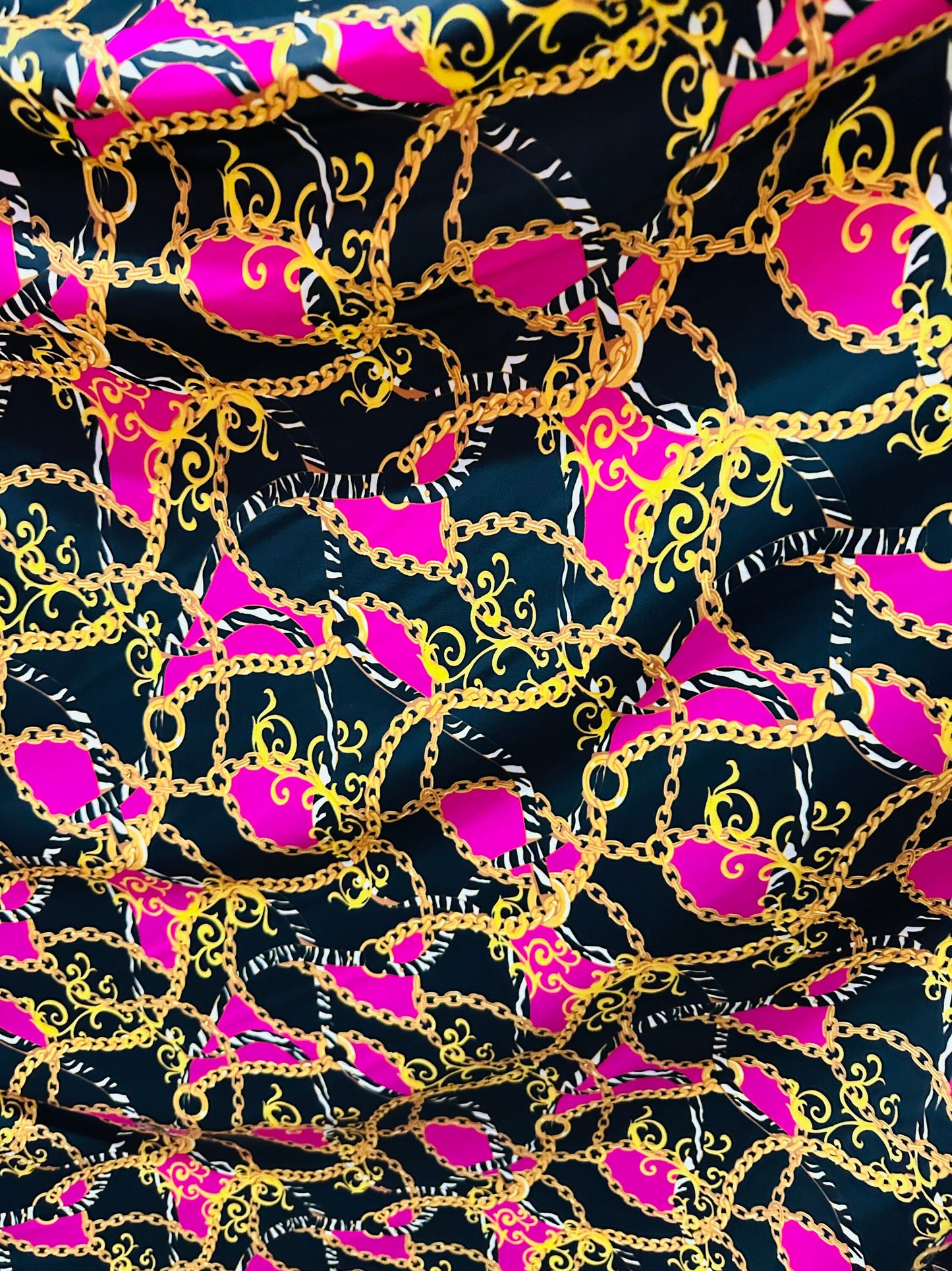 New brand fashion chain design print on great quality of nylon spandex 4-way stretch 58/60” Sold by the YD.