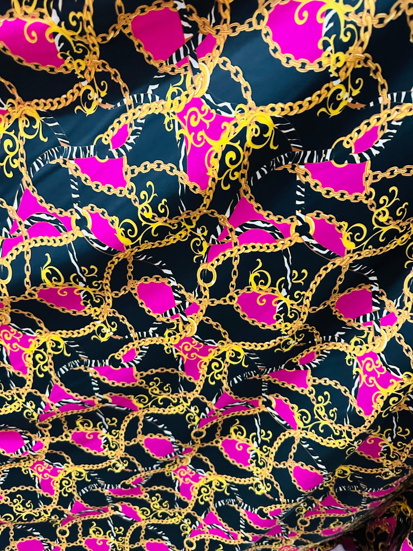 New brand fashion chain design print on great quality of nylon spandex 4-way stretch 58/60” Sold by the YD.
