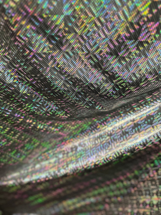 New 3D design black/silver hologram nylon spandex 4-way stretch 48/50” Sold by the YD. Ships worldwide from Los Angeles California USA.