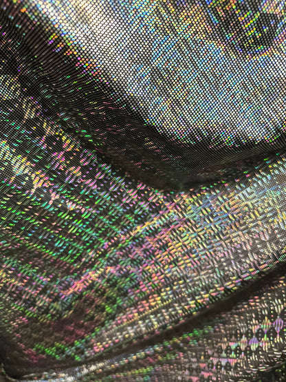 New 3D design black/silver hologram nylon spandex 4-way stretch 48/50” Sold by the YD. Ships worldwide from Los Angeles California USA.