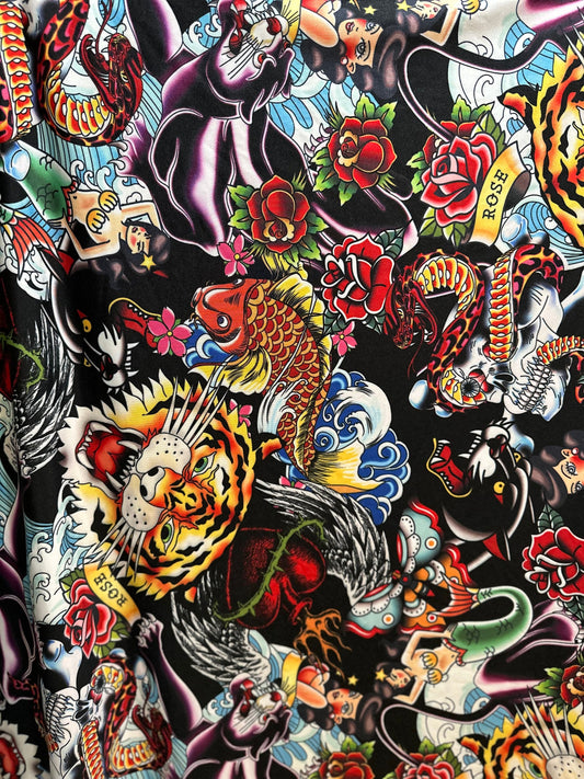 New Tattoo multi design print on nylon spandex 4-way stretch 58/60”