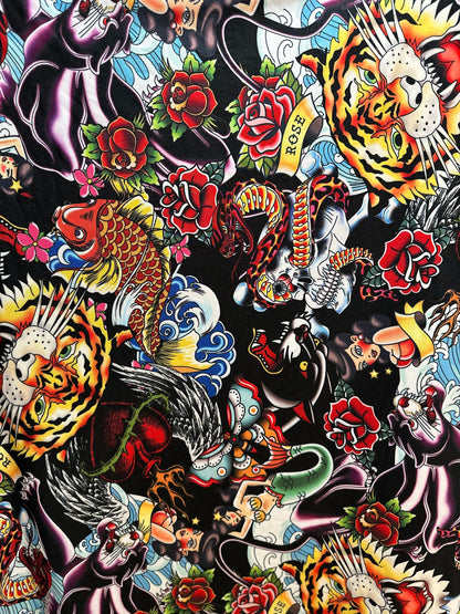 New Tattoo multi design print on nylon spandex 4-way stretch 58/60”