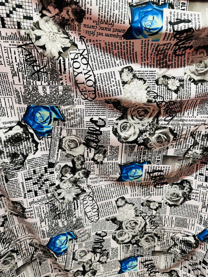 New Newspaper fashion flower design print on great quality of nylon spandex 4-way stretch 58/60”