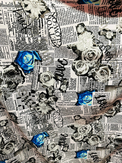 New Newspaper fashion flower design print on great quality of nylon spandex 4-way stretch 58/60”