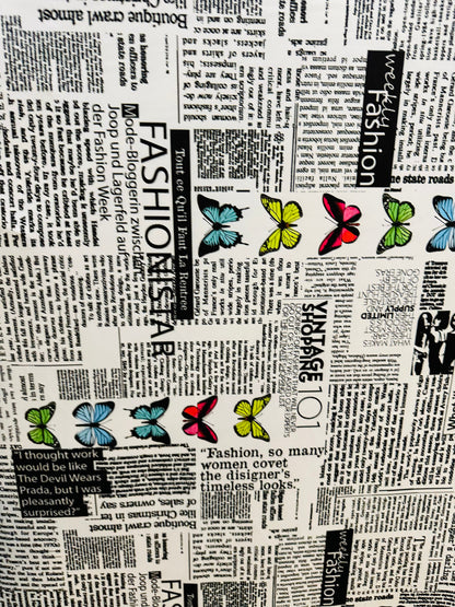 New Newspaper fashion Butterfly design print on great quality of nylon spandex 4-way stretch 58/60”
