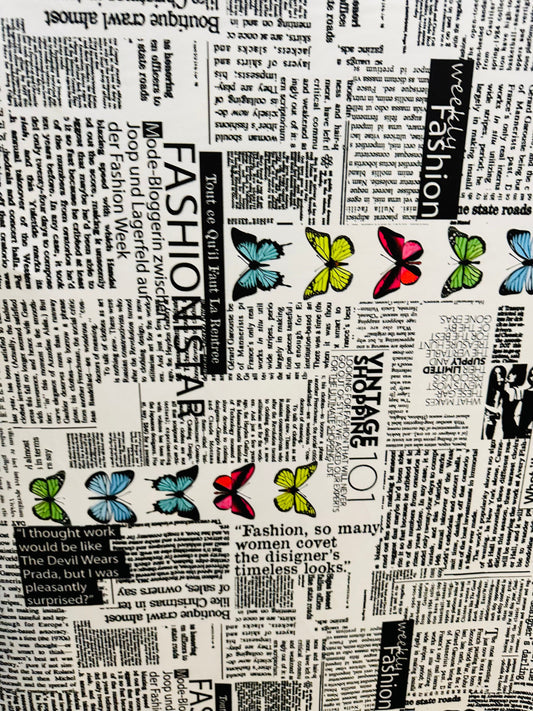 New Newspaper fashion Butterfly design print on great quality of nylon spandex 4-way stretch 58/60”