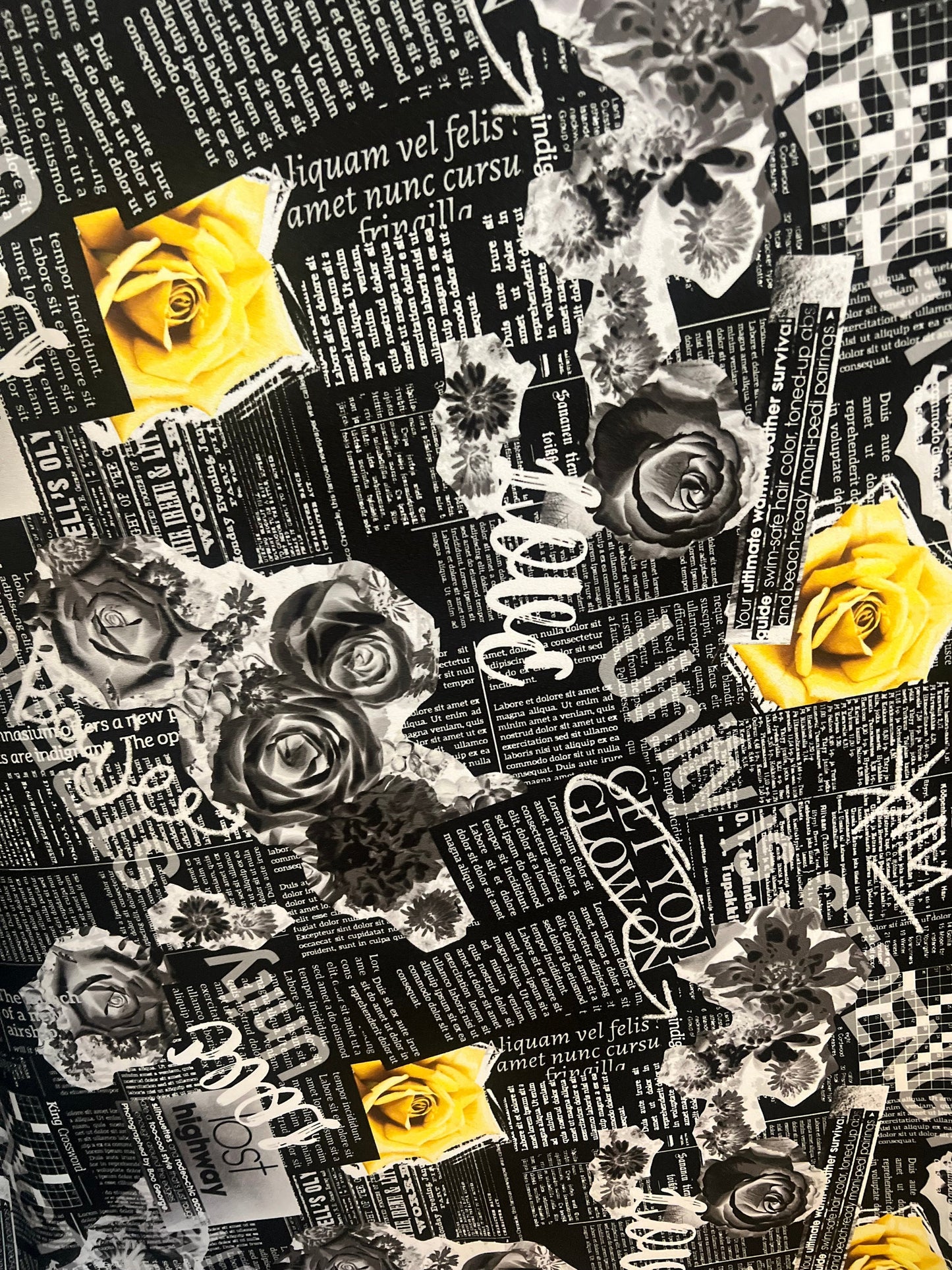 New Newspaper fashion flower design print on great quality of nylon spandex 4-way stretch 58/60” Sold by the YD. Ships worldwide