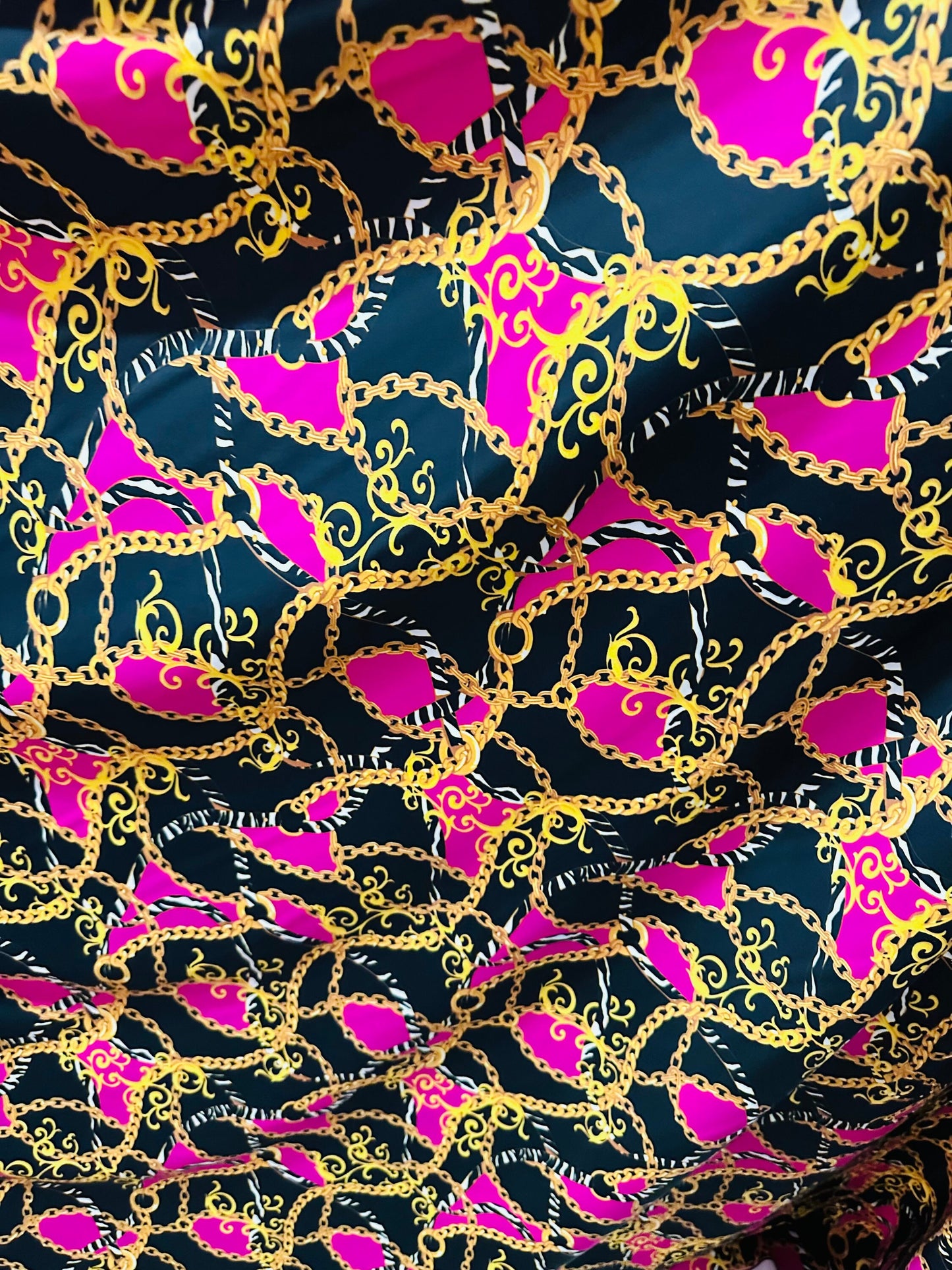 New brand fashion chain design print on great quality of nylon spandex 4-way stretch 58/60” Sold by the YD.