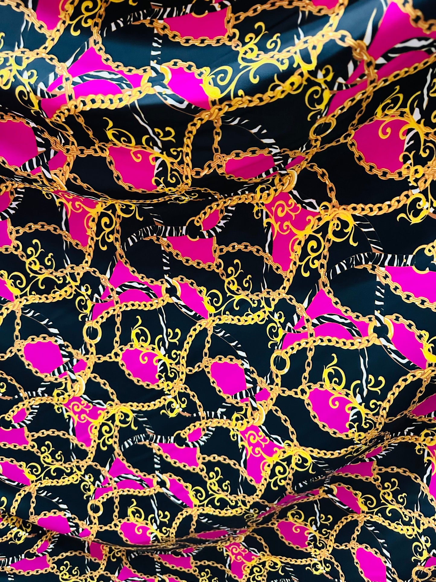 New brand fashion chain design print on great quality of nylon spandex 4-way stretch 58/60” Sold by the YD.