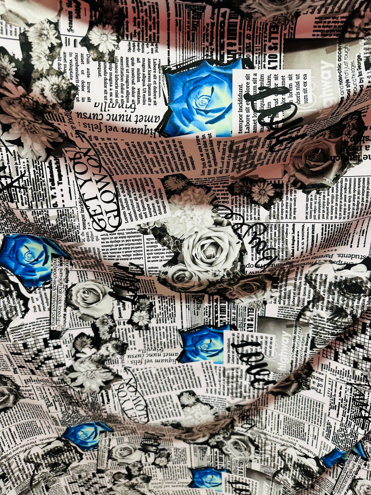 New Newspaper fashion flower design print on great quality of nylon spandex 4-way stretch 58/60”