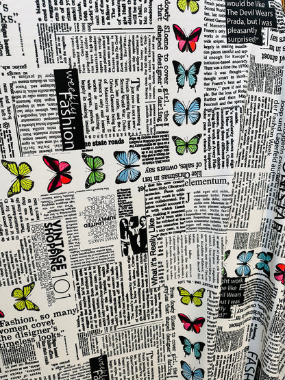 New Newspaper fashion Butterfly design print on great quality of nylon spandex 4-way stretch 58/60”