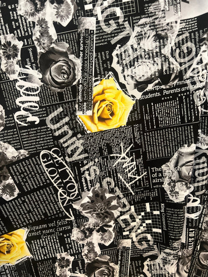 New Newspaper fashion flower design print on great quality of nylon spandex 4-way stretch 58/60” Sold by the YD. Ships worldwide