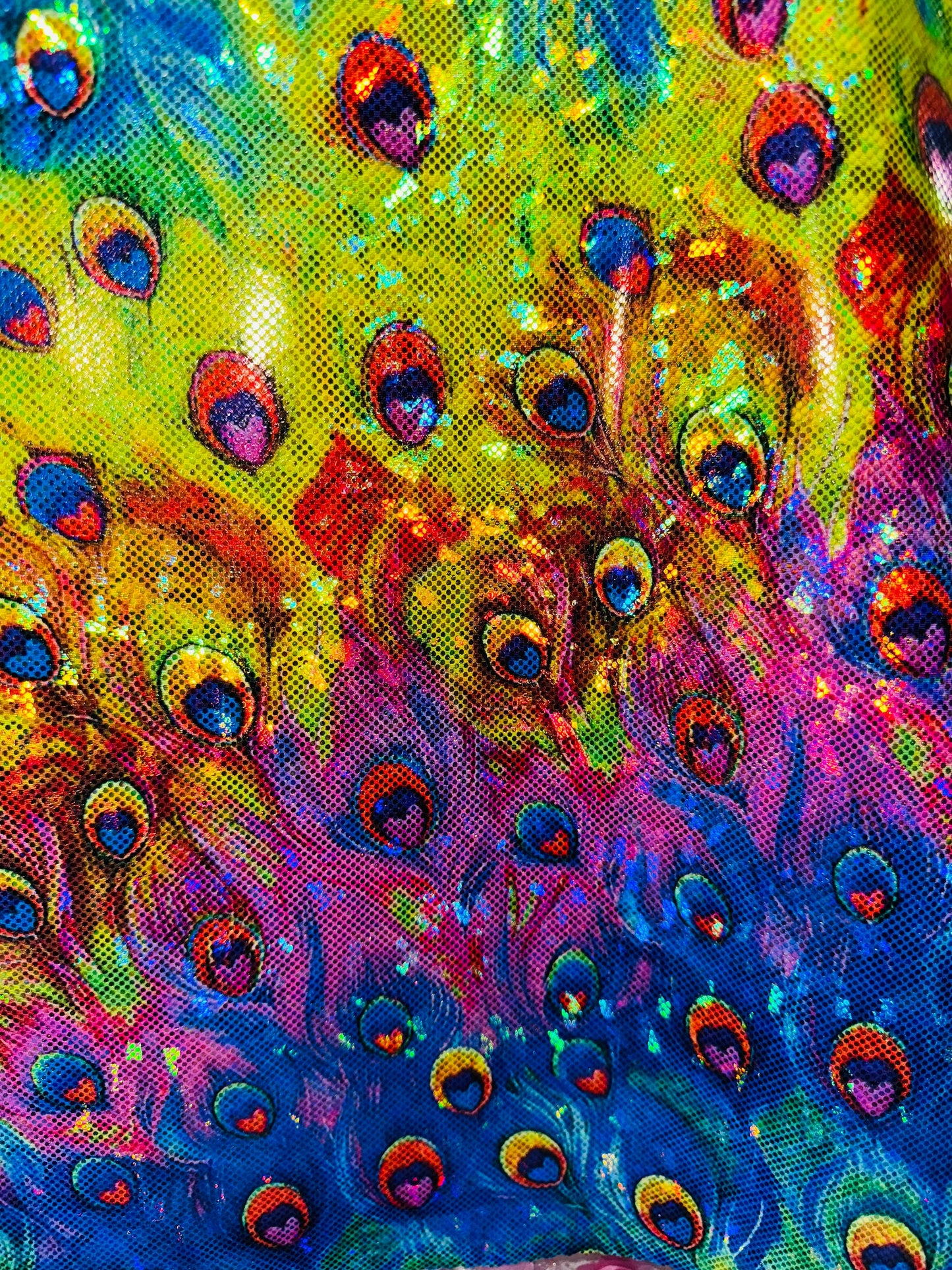 New Exotic Peacock digital design on shattered glass metallic nylon spandex 4-way stretch