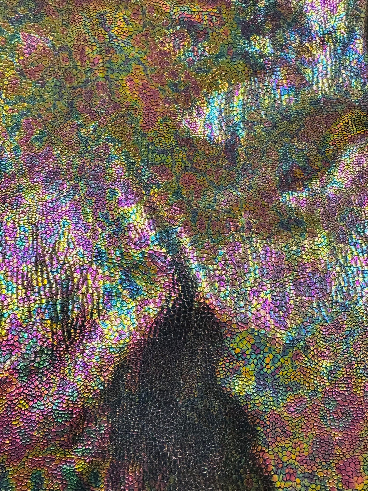 Iridescent snake skin cobra design hologram metallic nylon spandex 4-way stretch 58/60” Sold by the YD.