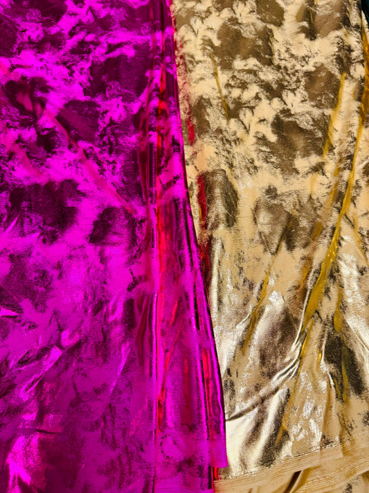 New splatter foil design metallic nylon spandex 4-way stretch 58/60”