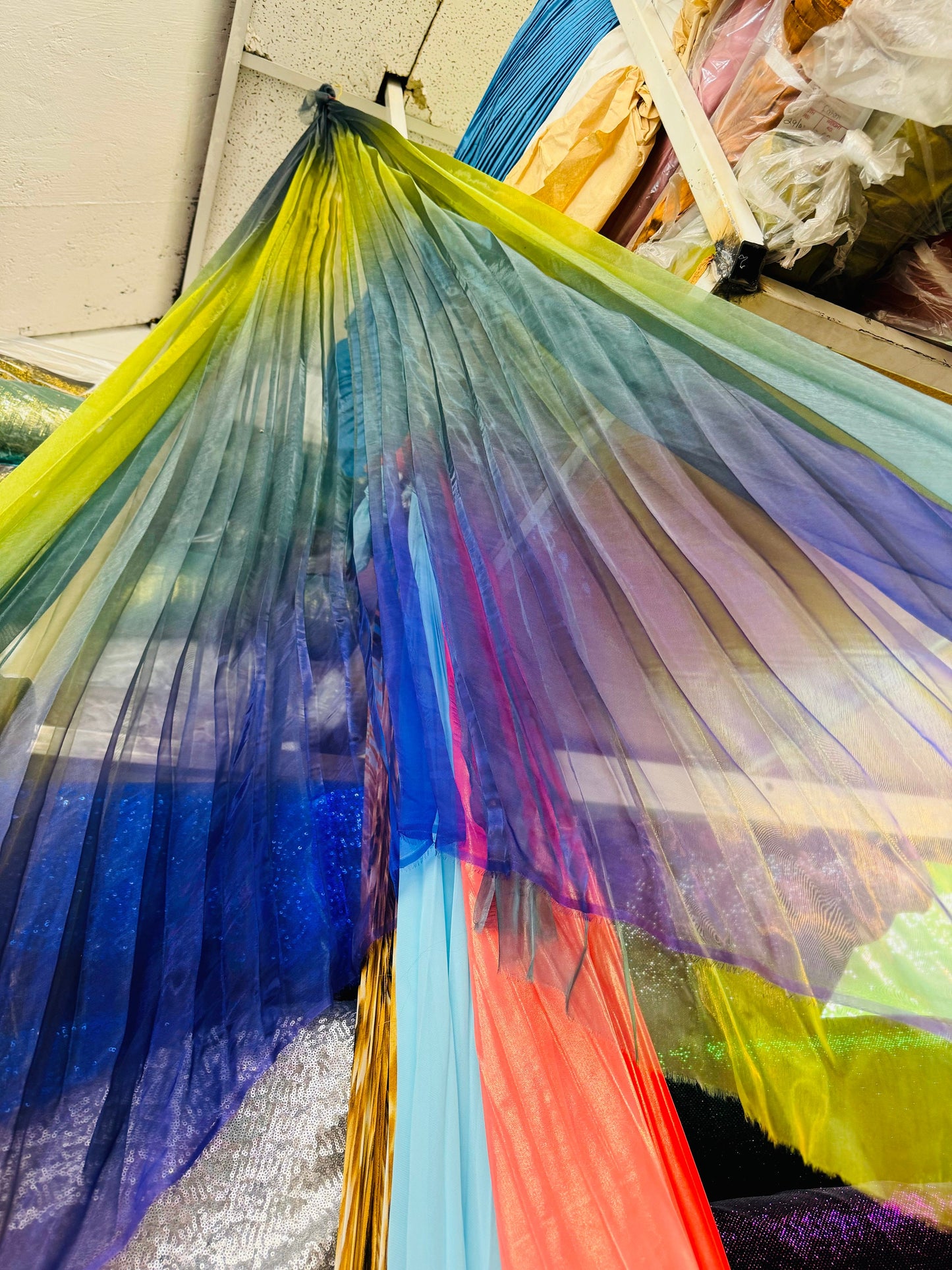 Luxury sunburst design multicolor organza pleated 3.5 yds length by 60”width Sold by the Peace. Luxury fabrics by AlexLAFabrics