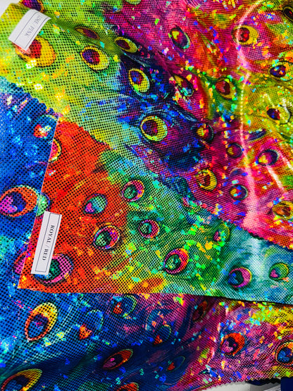New Exotic Peacock digital design on shattered glass metallic nylon spandex 4-way stretch