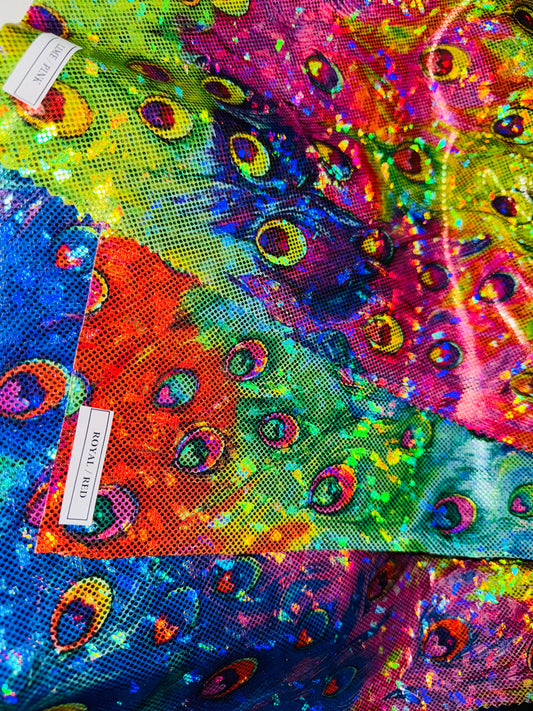 New Exotic Peacock digital design on shattered glass metallic nylon spandex 4-way stretch