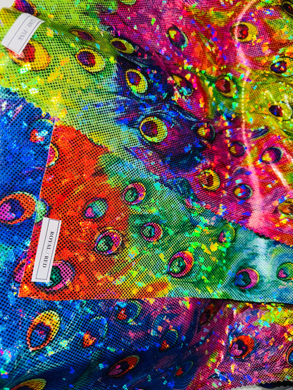 New Exotic Peacock digital design on shattered glass metallic nylon spandex 4-way stretch