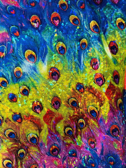 New Exotic Peacock digital design on shattered glass metallic nylon spandex 4-way stretch