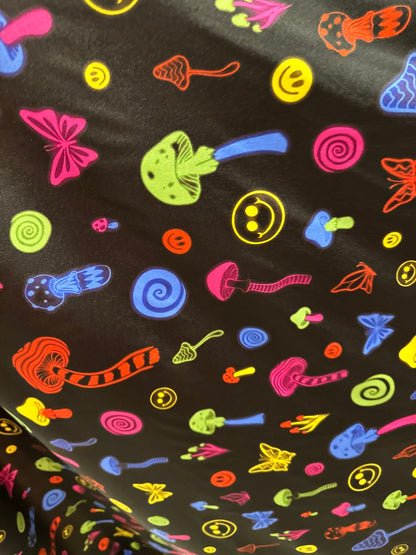 Fantastic mushrooms design black/multicolor print on great quality of nylon spandex 4-way stretch 58/60”