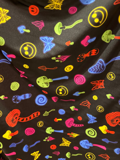 Fantastic mushrooms design black/multicolor print on great quality of nylon spandex 4-way stretch 58/60”