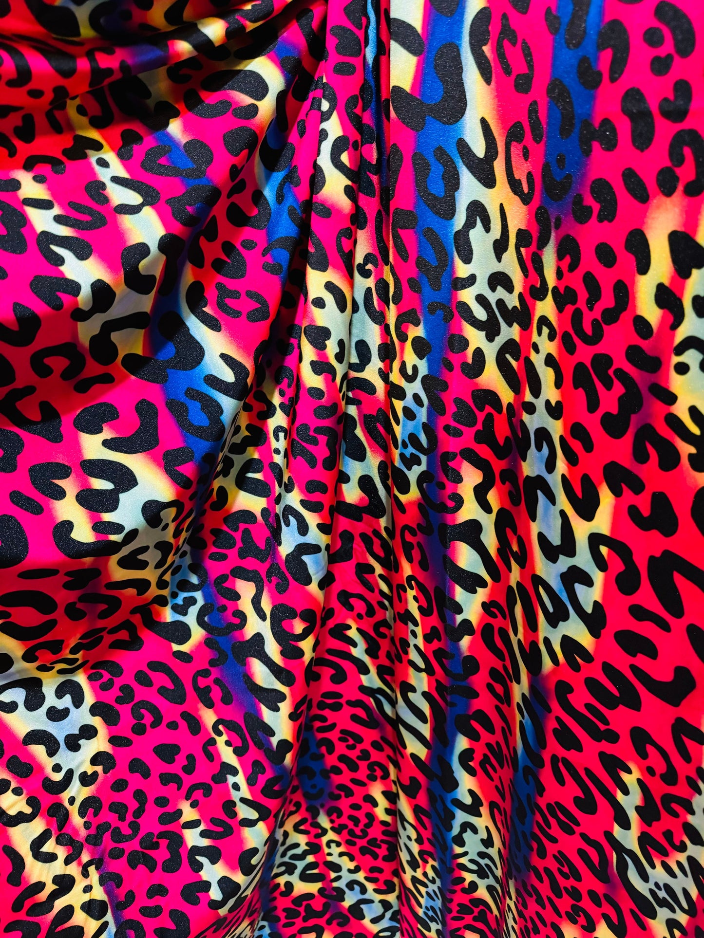 New Groovy Exotic Leopard design rainbow color print on best quality of nylon spandex 4-way stretch 58/60”