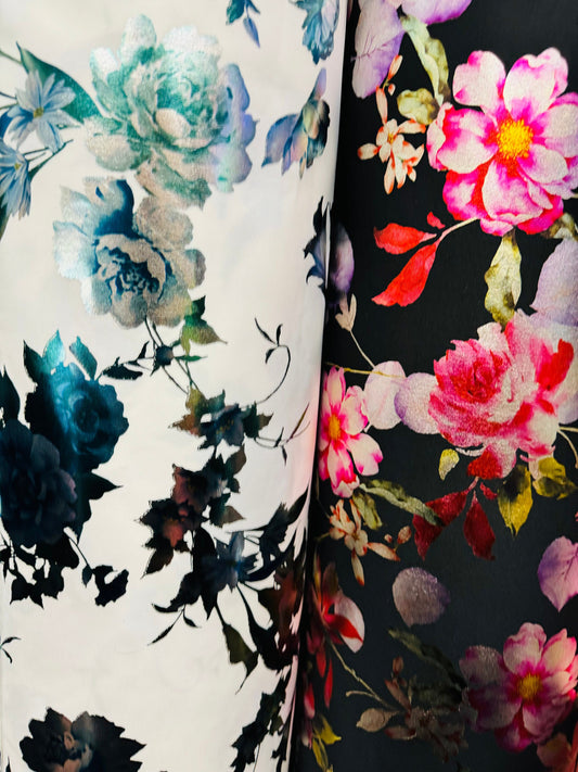 New Romantic flower design print on super techno with foil 2-way stretch 58/60” High Quality fabrics by AlexLAFabrics