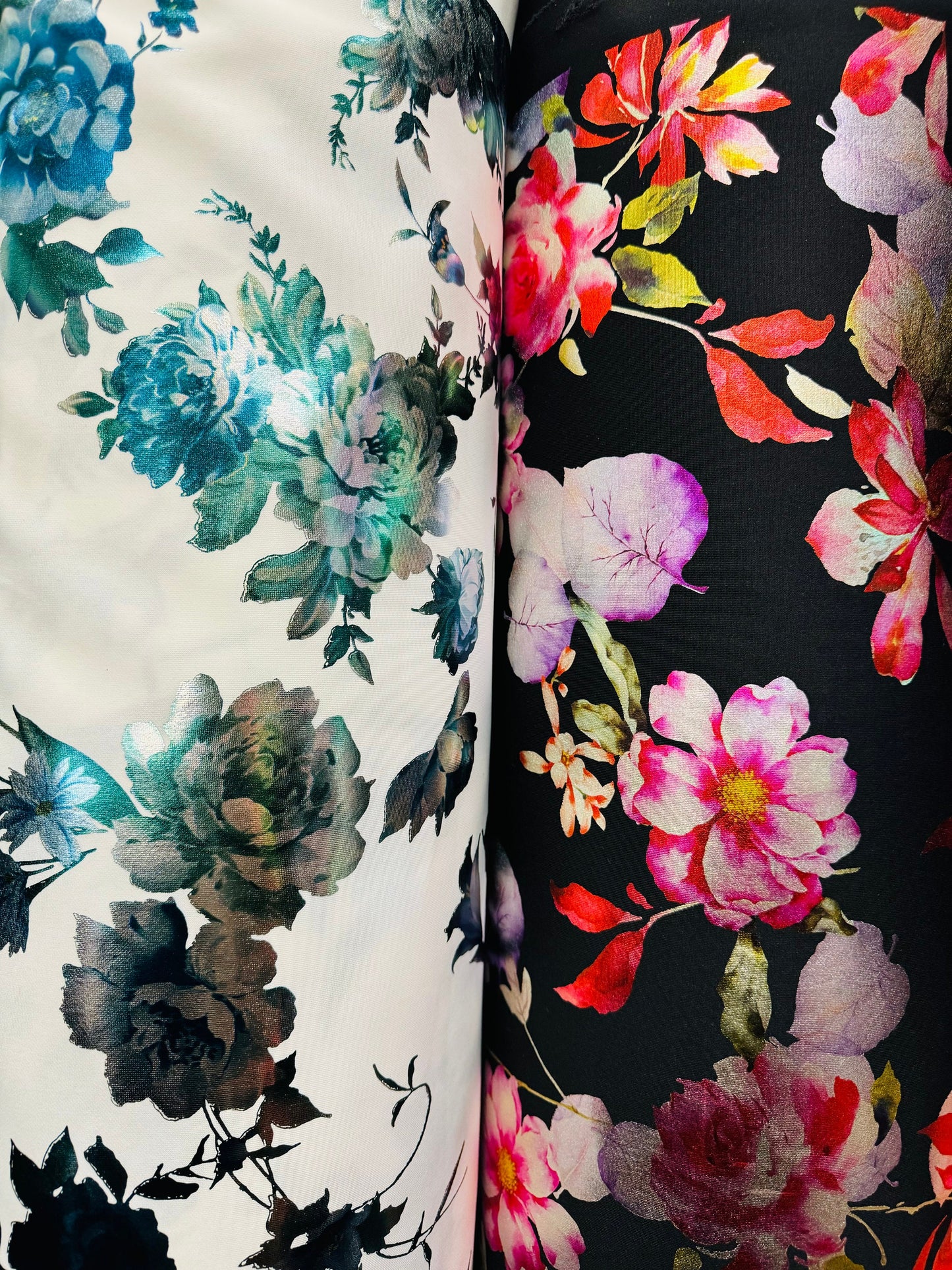 New Romantic flower design print on super techno with foil 2-way stretch 58/60” High Quality fabrics by AlexLAFabrics