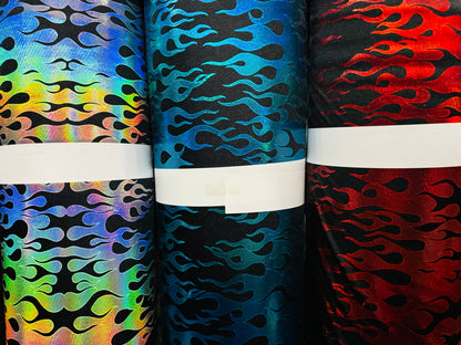 New Ghost Rider flames design hologram metallic nylon spandex 4-way stretch 58/60” Luxury fabrics tu AlexLAFabrics