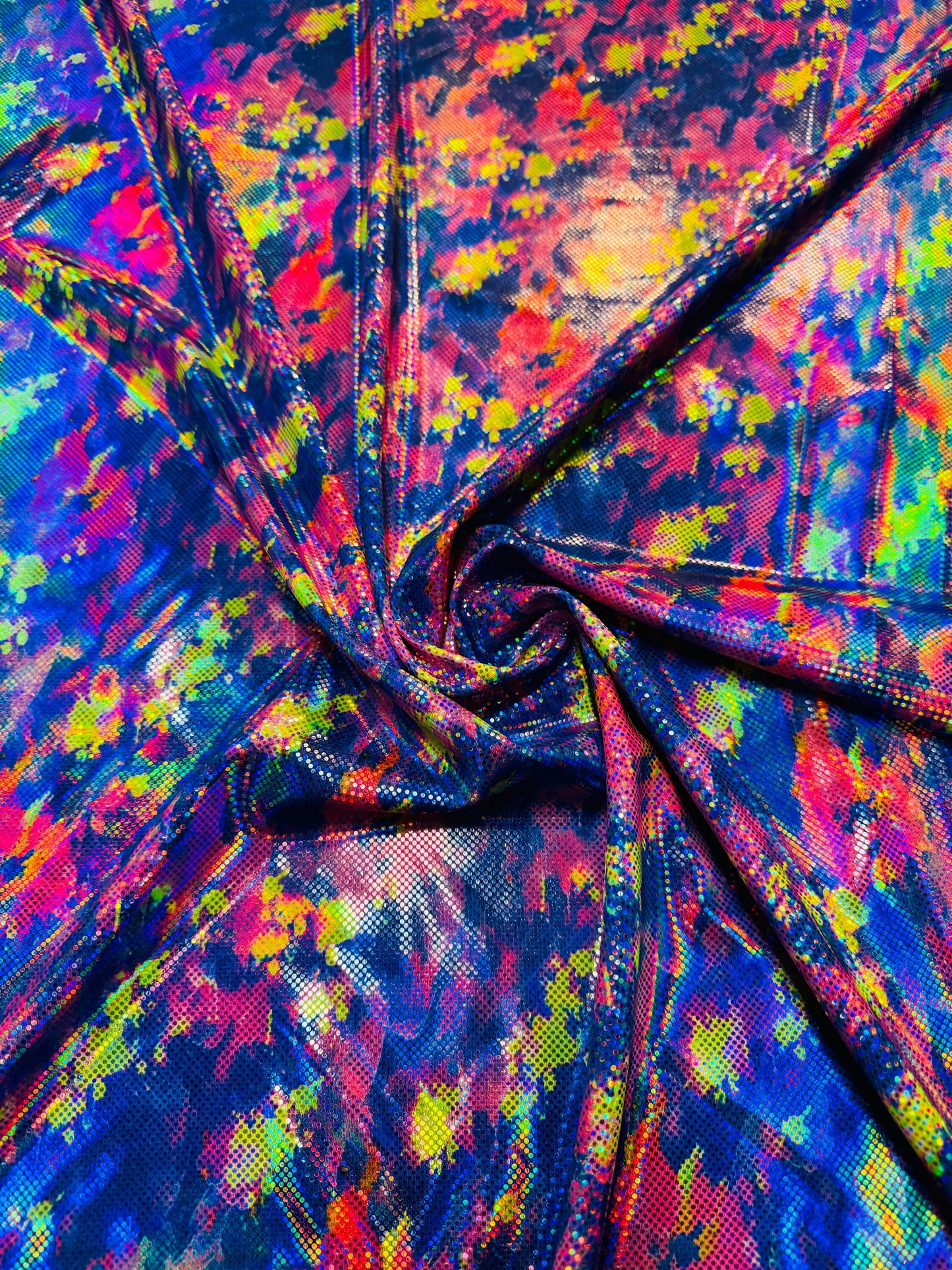 New Digital splatter paint design hologram metallic nylon spandex 4-way stretch 58/60”