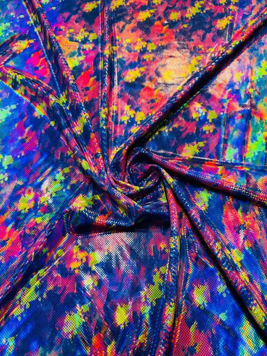 New Digital splatter paint design hologram metallic nylon spandex 4-way stretch 58/60”