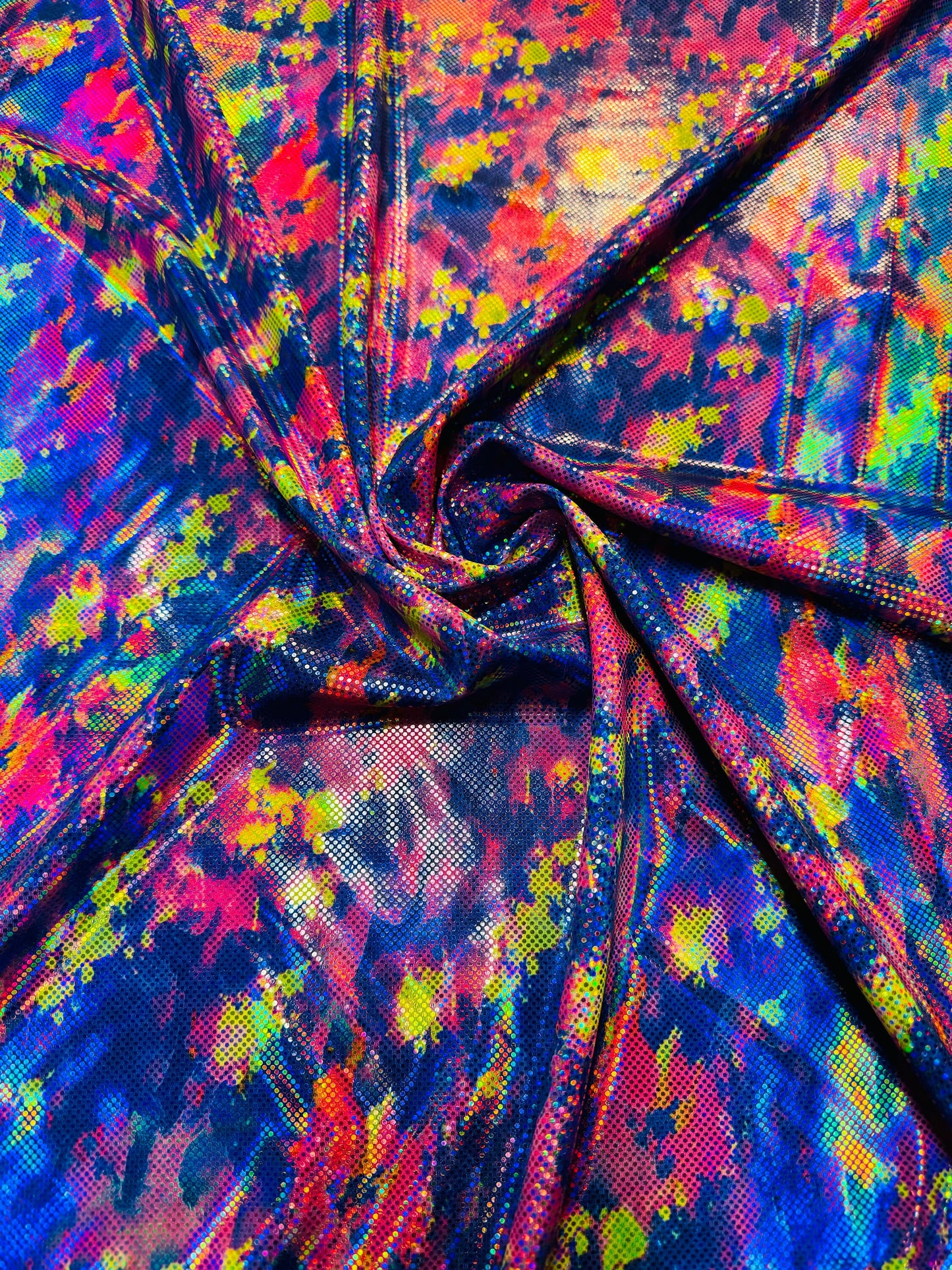 New Digital splatter paint design hologram metallic nylon spandex 4-way stretch 58/60”