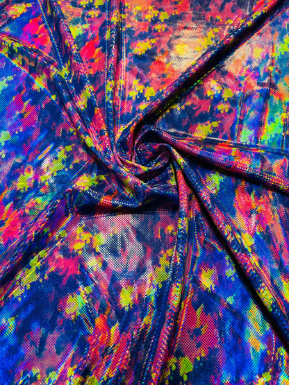 New Digital splatter paint design hologram metallic nylon spandex 4-way stretch 58/60”