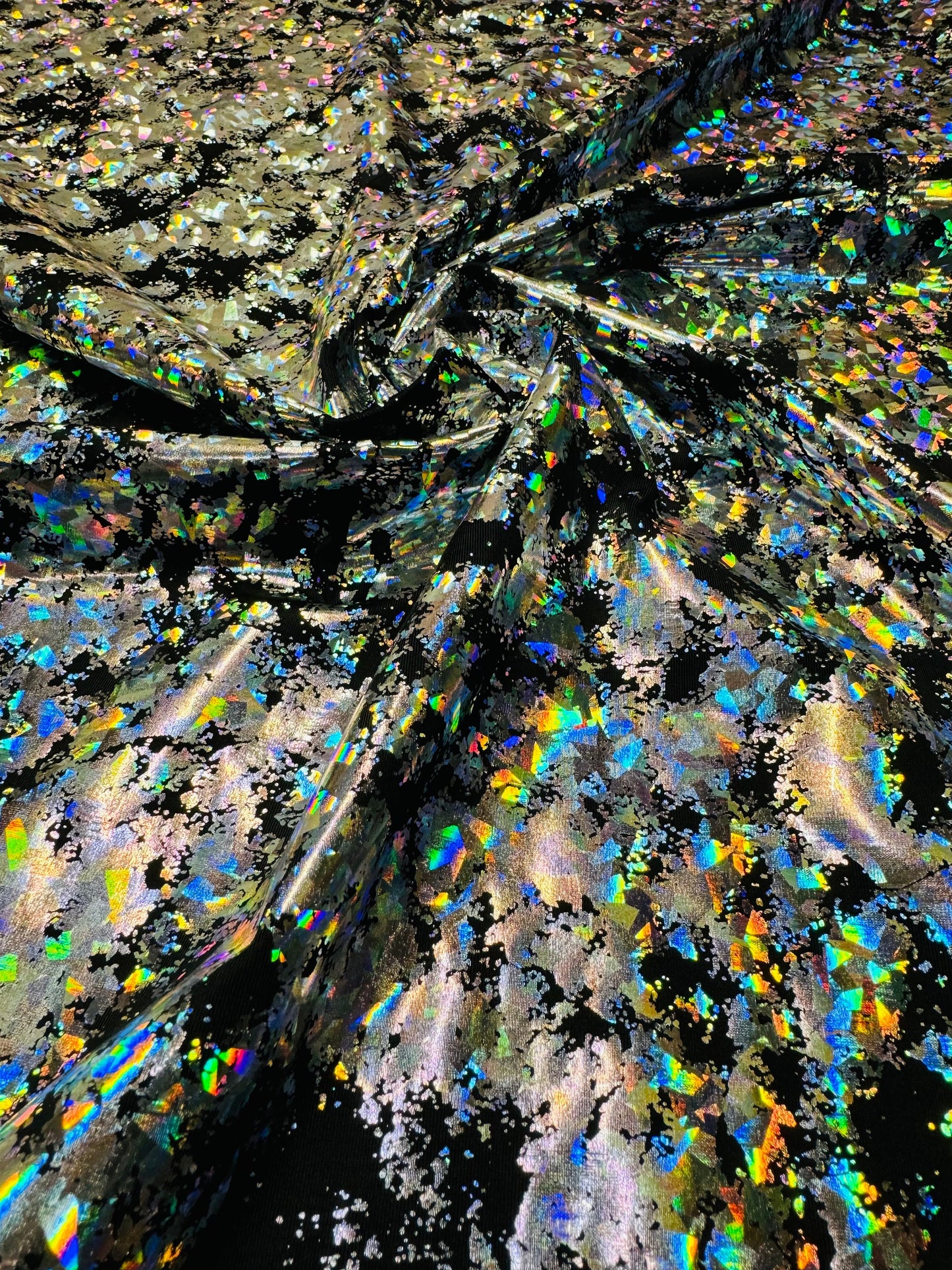 New splattered shattered glass design black/silver metallic nylon spandex 4-way stretch 58/60”