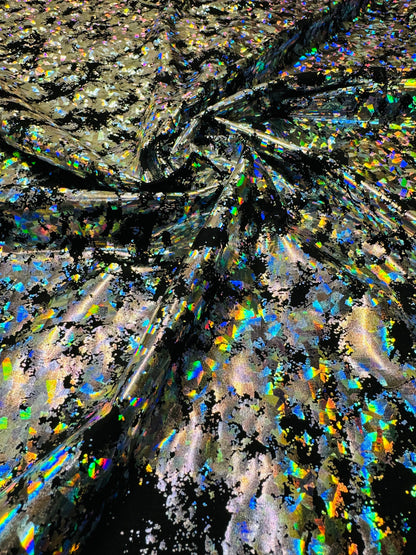 New splattered shattered glass design black/silver metallic nylon spandex 4-way stretch 58/60”