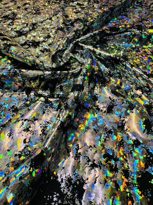 New splattered shattered glass design black/silver metallic nylon spandex 4-way stretch 58/60”