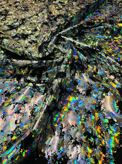 New splattered shattered glass design black/silver metallic nylon spandex 4-way stretch 58/60”