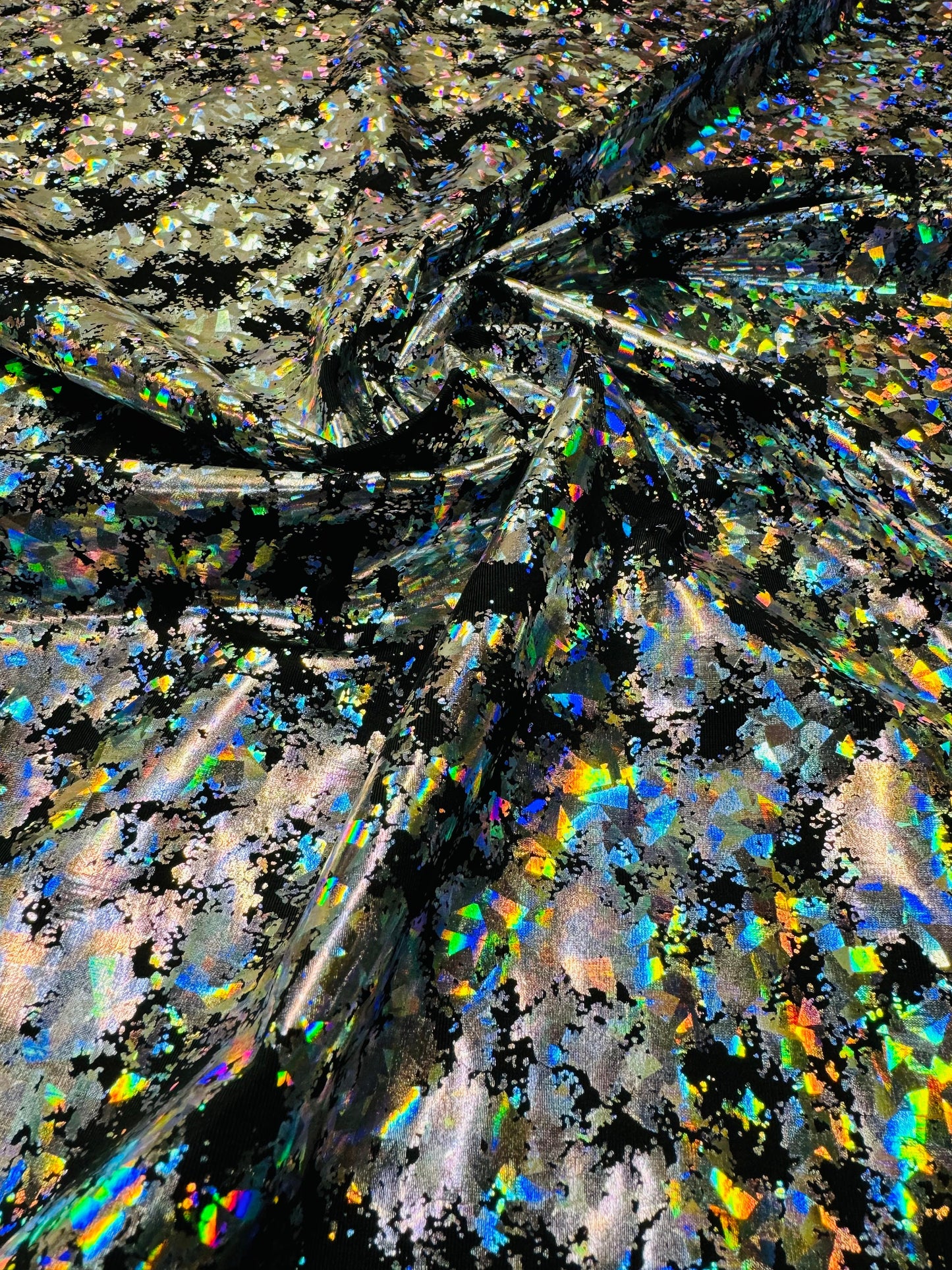 New splattered shattered glass design black/silver metallic nylon spandex 4-way stretch 58/60”