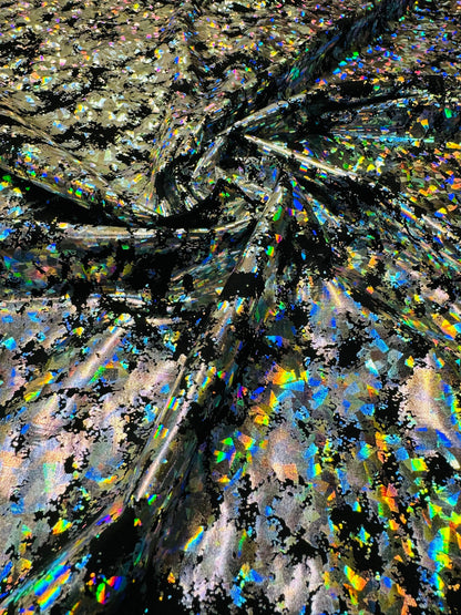 New splattered shattered glass design black/silver metallic nylon spandex 4-way stretch 58/60”