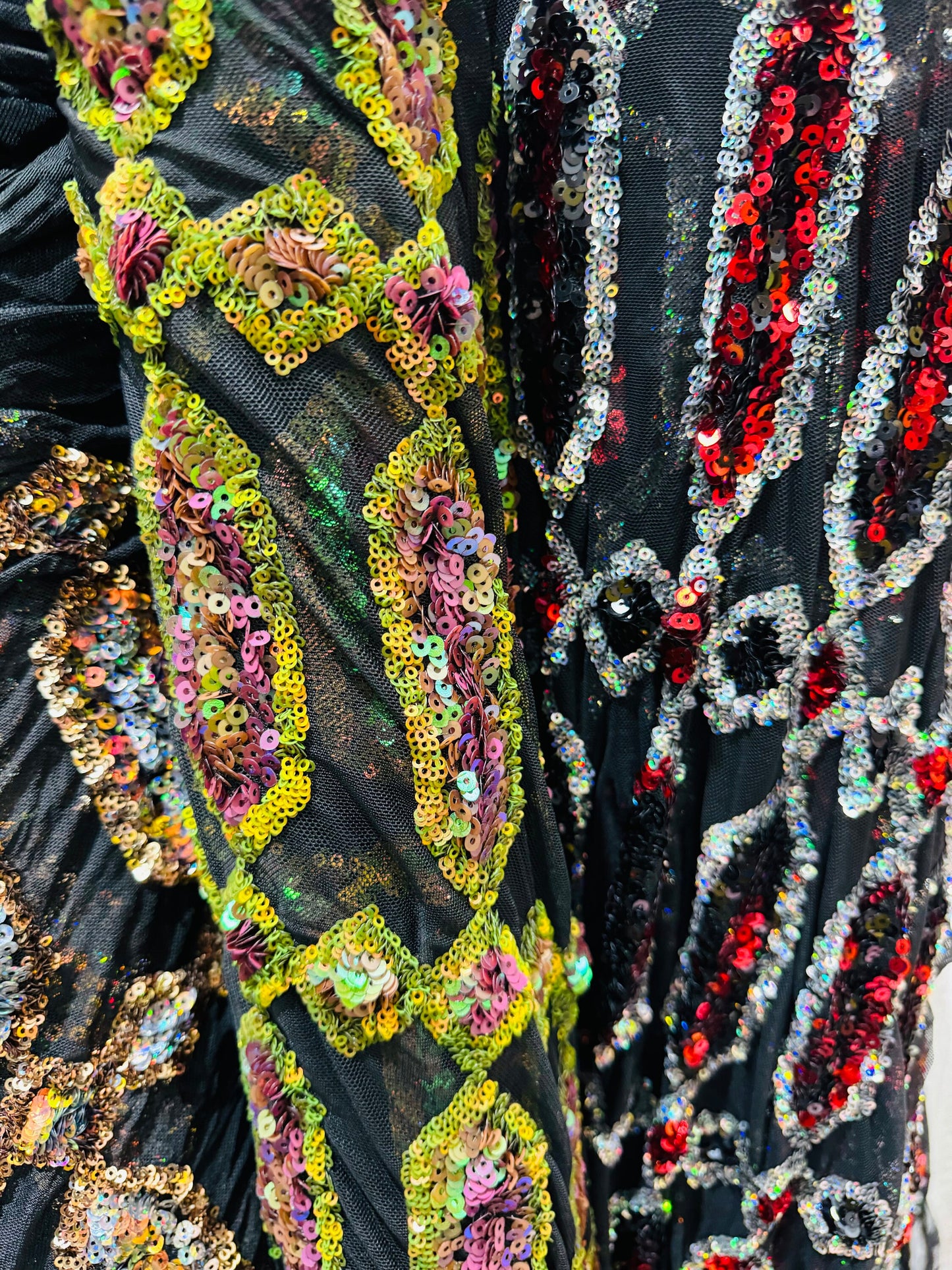 Luxury Geometric Avatar iridescent sequins on stretch power mesh 4-way  50/52” Sold by the YD. Ships worldwide from Los Angeles California