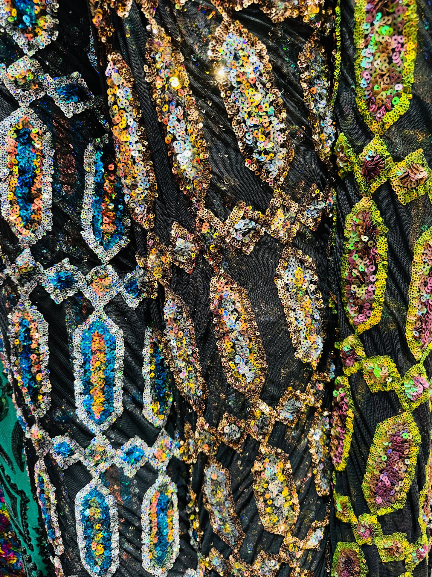 Luxury Geometric Avatar iridescent sequins on stretch power mesh 4-way  50/52” Sold by the YD. Ships worldwide from Los Angeles California