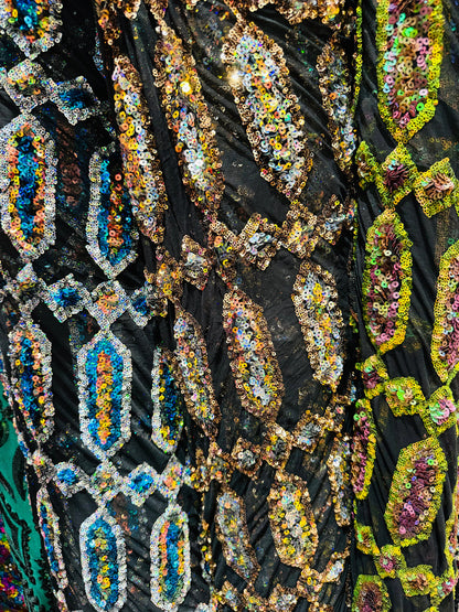 Luxury Geometric Avatar iridescent sequins on stretch power mesh 4-way  50/52” Sold by the YD. Ships worldwide from Los Angeles California