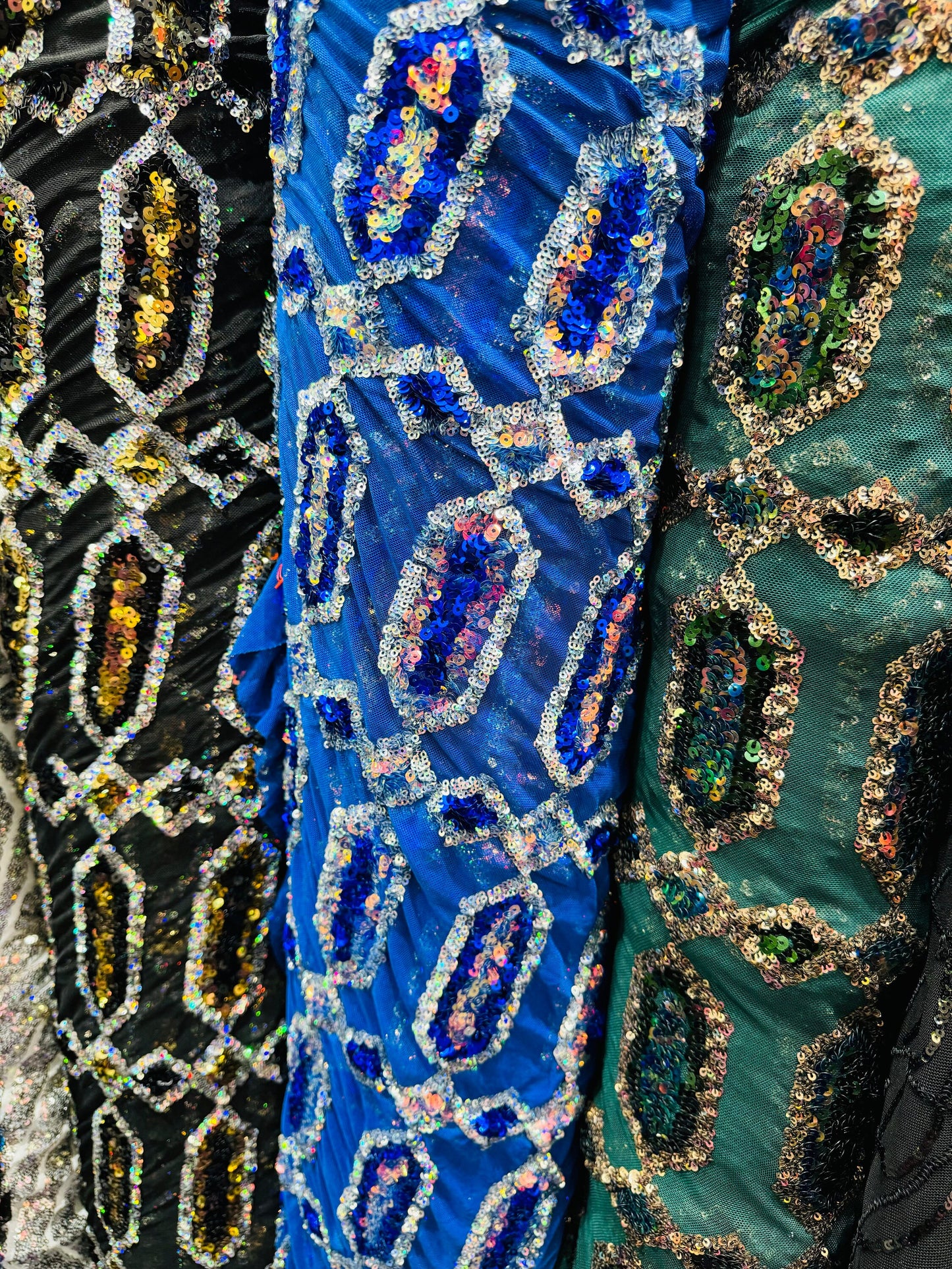 Luxury Geometric Avatar iridescent sequins on stretch power mesh 4-way  50/52” Sold by the YD. Ships worldwide from Los Angeles California