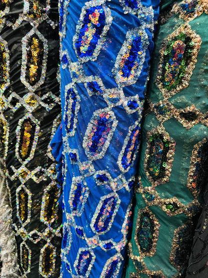 Luxury Geometric Avatar iridescent sequins on stretch power mesh 4-way  50/52” Sold by the YD. Ships worldwide from Los Angeles California