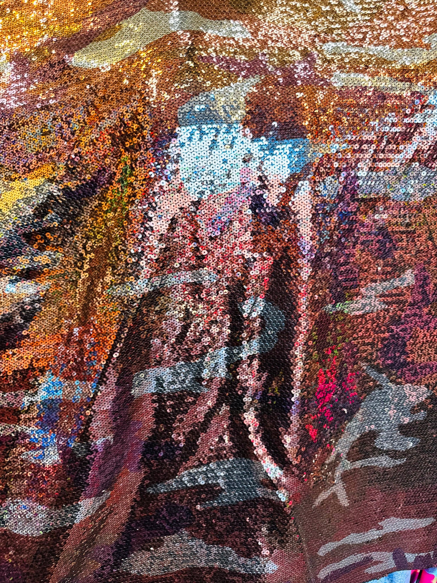 New camouflage design on spandex sequins 2-way stretch 55/57” Sold by the YD.