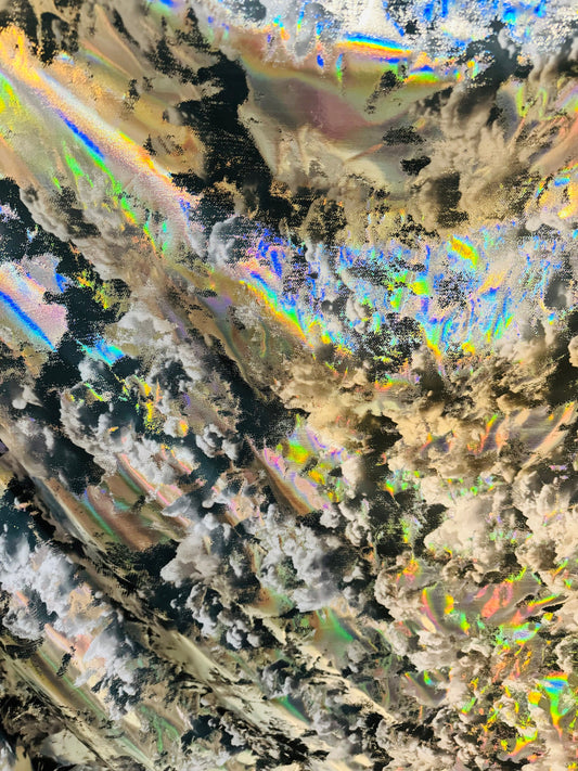 New splatter abstract design hologram metallic nylon spandex 4-way stretch 58/60” Sold by the YD.